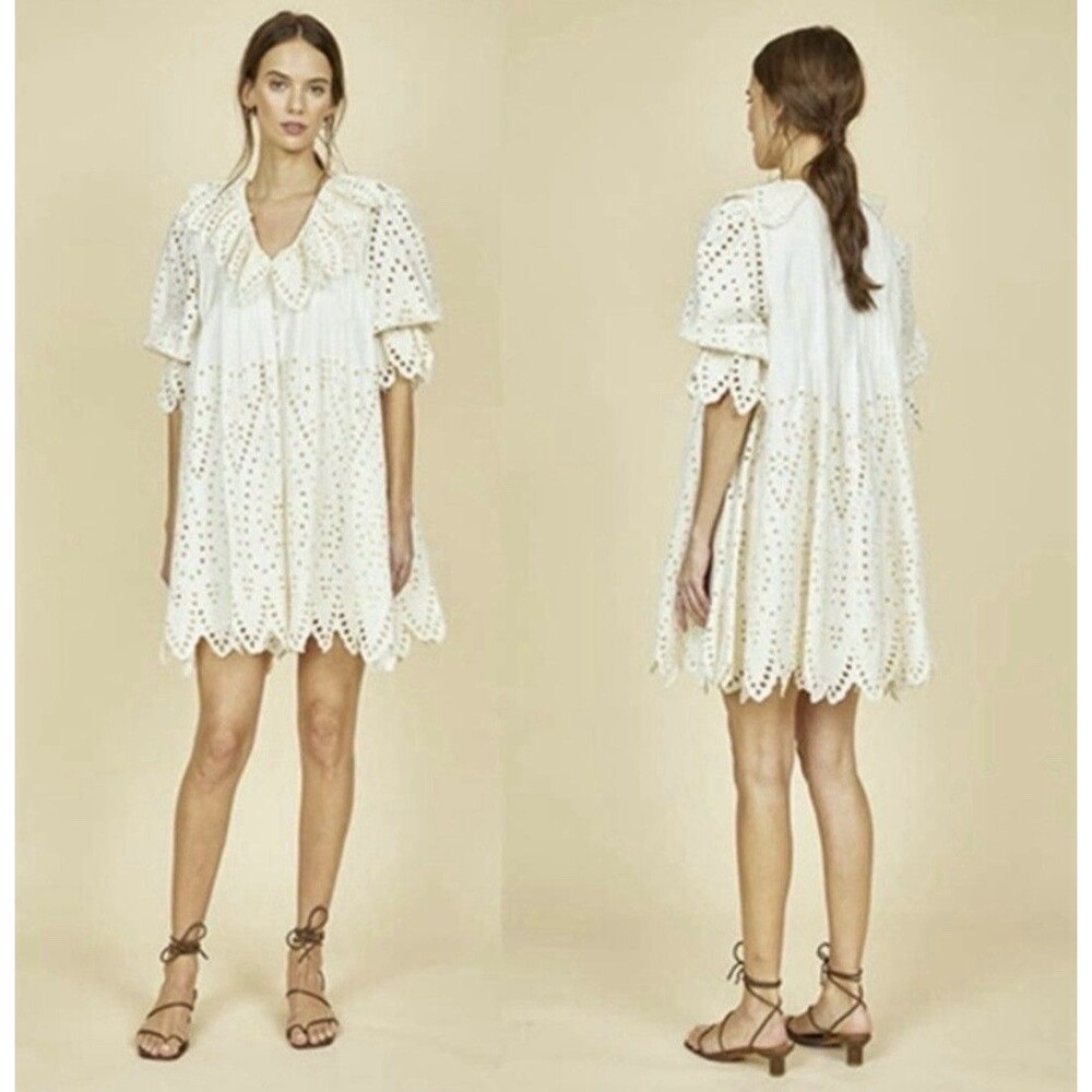 Hunter Bell NY Alden Eyelet Lace Babydoll Mini Dress Vanilla, Size XS